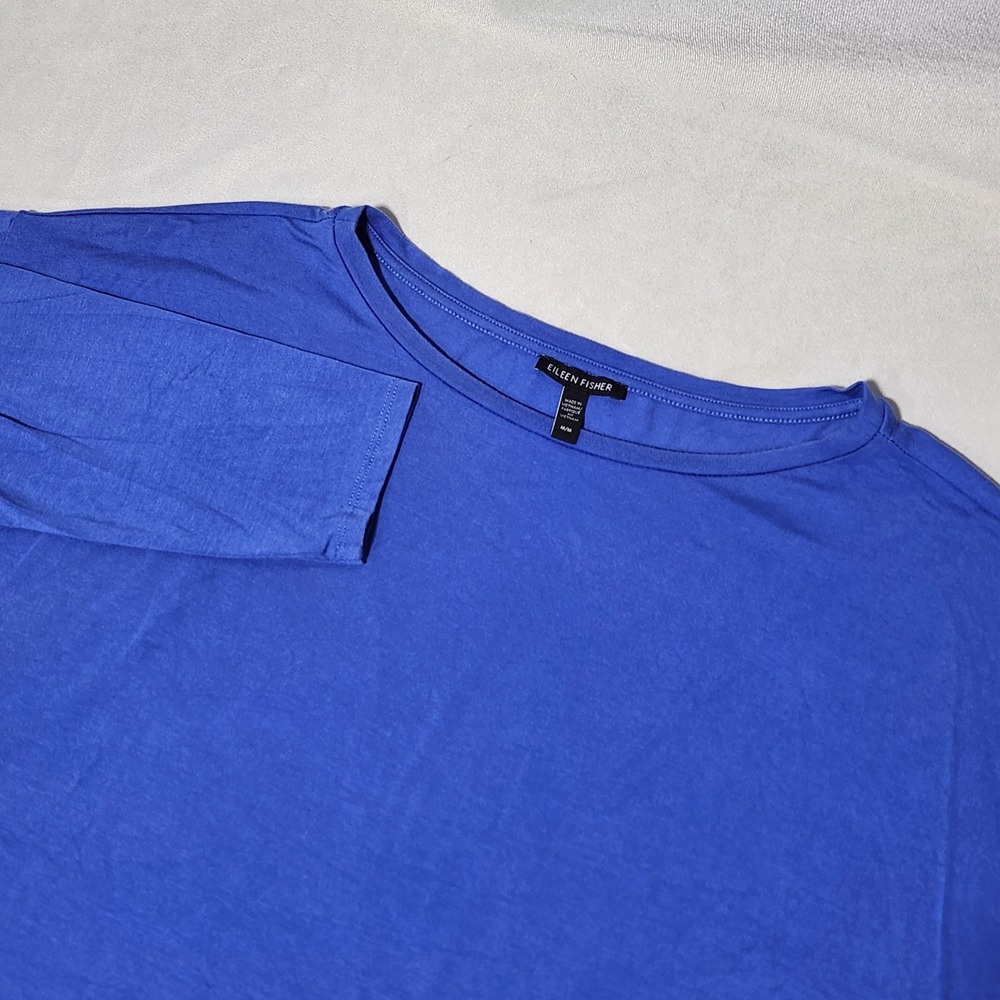 Eileen Fisher Blue Tencel Lyocell Blend Long‎ Sleeve Top M M Slit Hem Casual